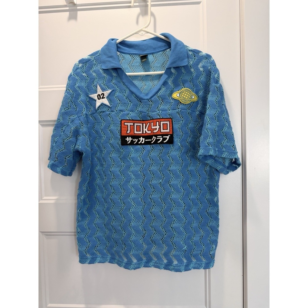 Wild Fable Y2K Blue Crochet Mesh Polo Shirt Tokyo Graphic Women's Large